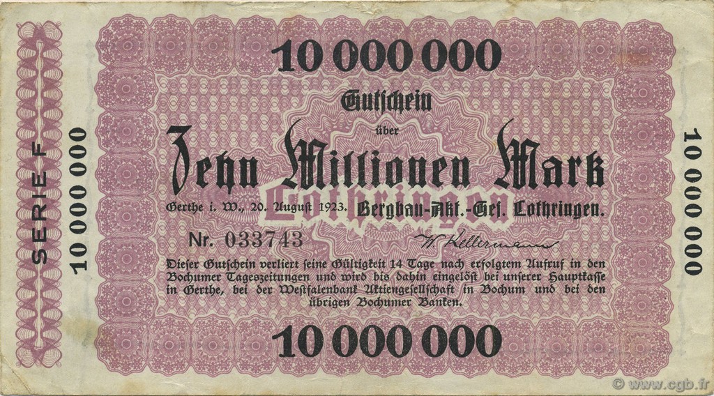 10 Millions Mark GERMANY Gerthe 1923  VF