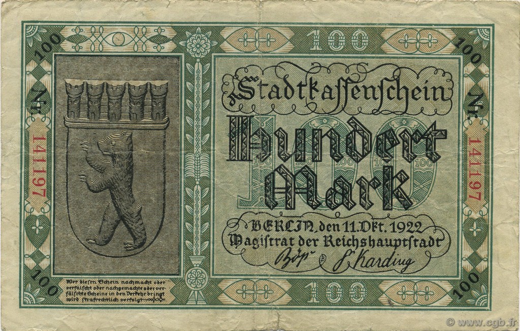 100 Mark GERMANY Berlin 1922  F