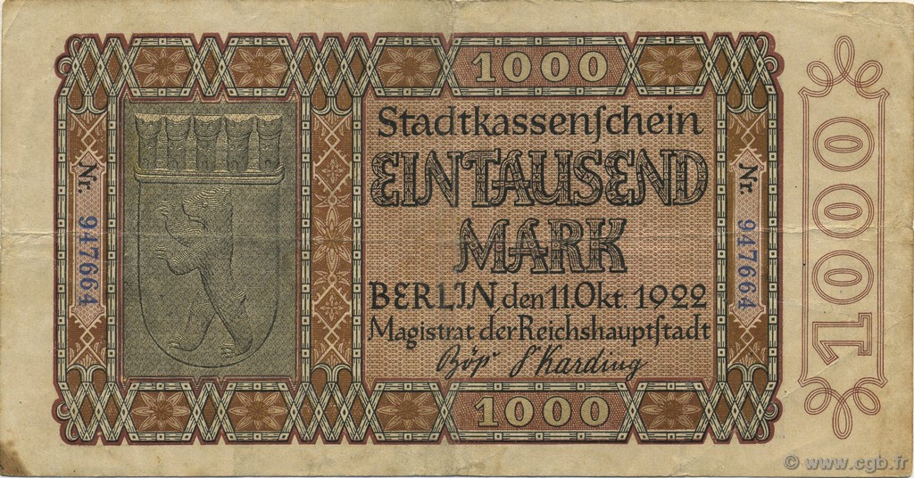1000 Mark GERMANY Berlin 1922  VF