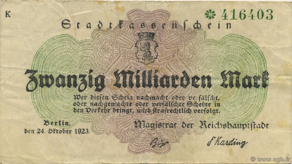20 Milliards Mark ALLEMAGNE Berlin 1923  TTB