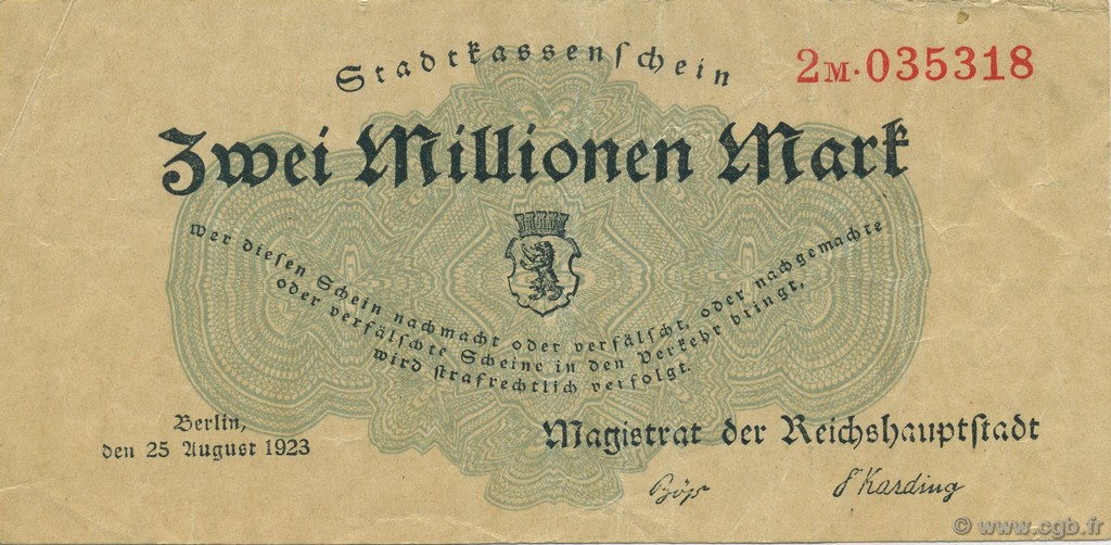 2 Millions Mark GERMANY Berlin 1923  VF