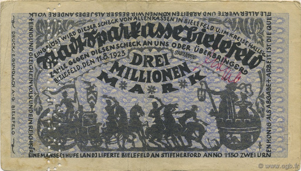 3 Millions Mark GERMANIA Bielefeld 1923  q.BB