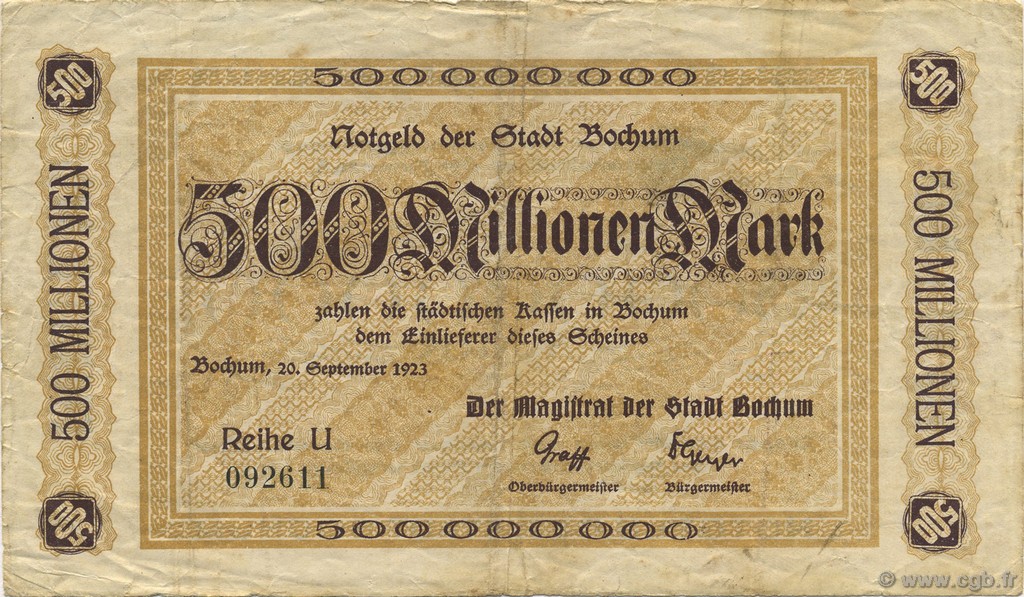 500 Millions Mark GERMANY Bochum 1923  VF-