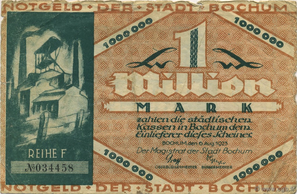 1 Million Mark GERMANY Bochum 1923  F