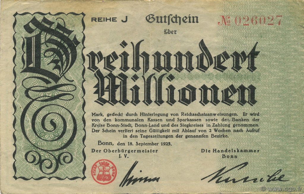 300 Millions Mark GERMANY Bonn 1923  VF
