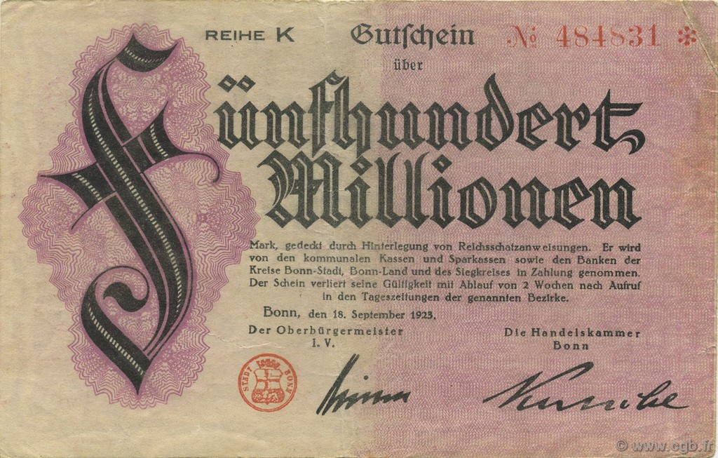 500 Millions Mark GERMANIA Bonn 1923  BB