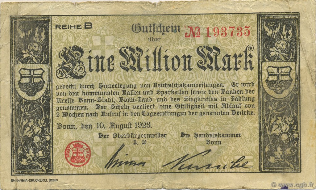 1 Million Mark GERMANY Bonn 1923  F
