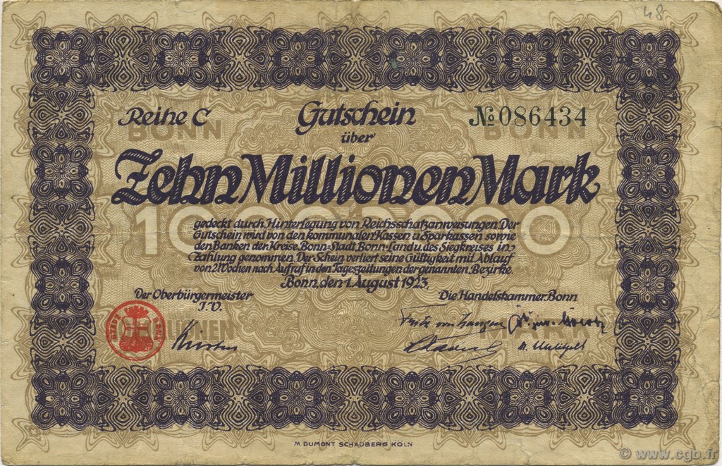 10 Millions Mark GERMANY Bonn 1923  VF-