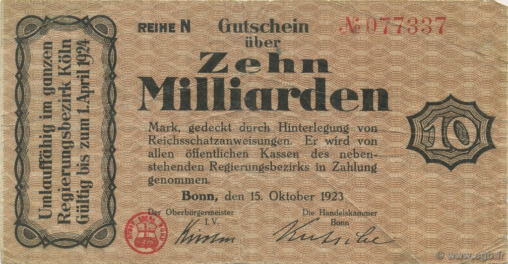 10 Milliards Mark ALLEMAGNE Bonn 1923  TTB