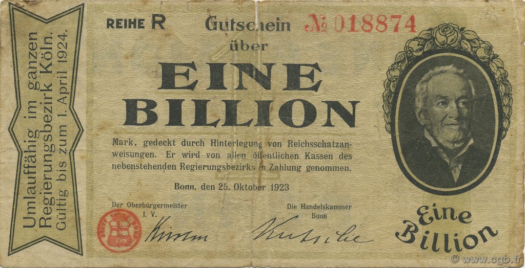 1 Billion Mark DEUTSCHLAND Bonn 1923  S
