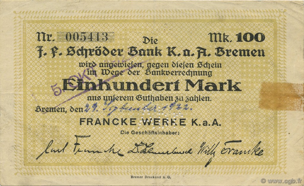100 Mark ALEMANIA Bremen 1922  MBC