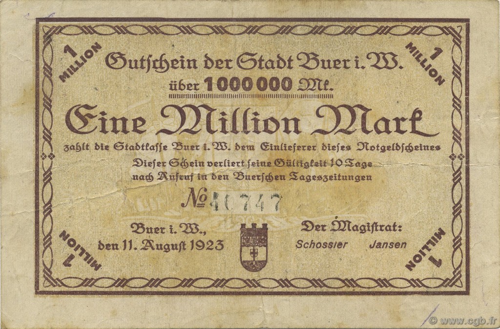 1 Million Mark GERMANIA Buer 1923  q.BB