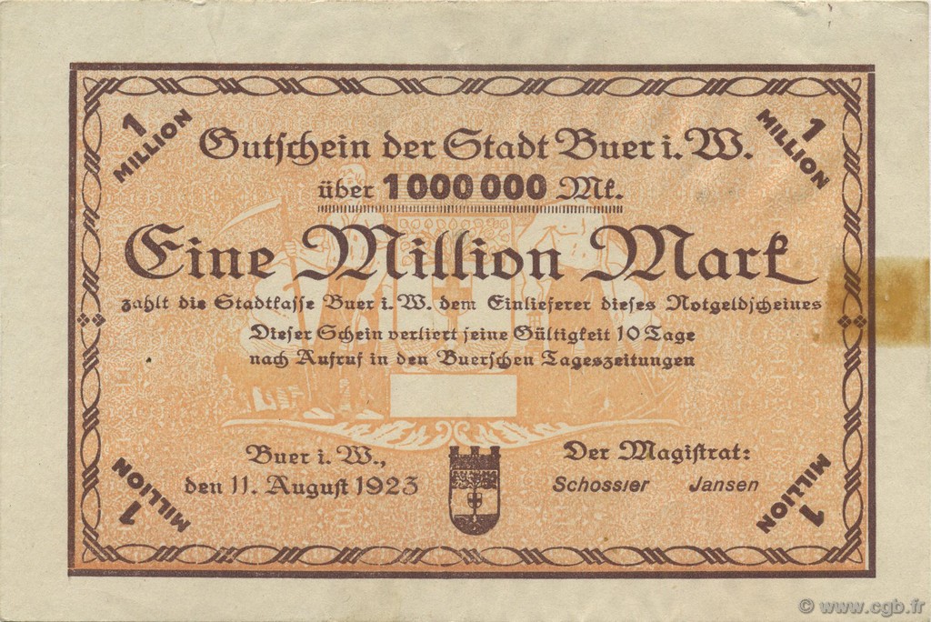 1 Million Mark GERMANY Buer 1923  VF