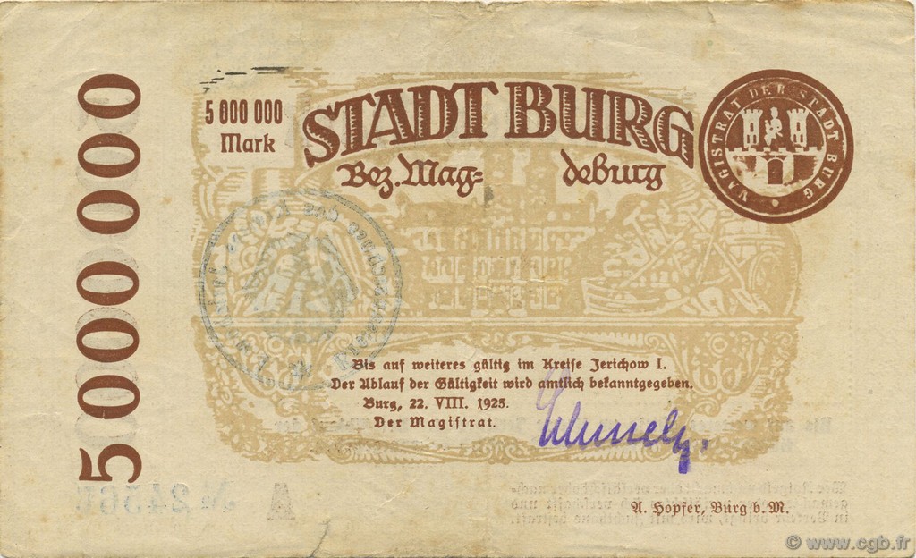 5 Millions Mark GERMANY Burg 1923  VF