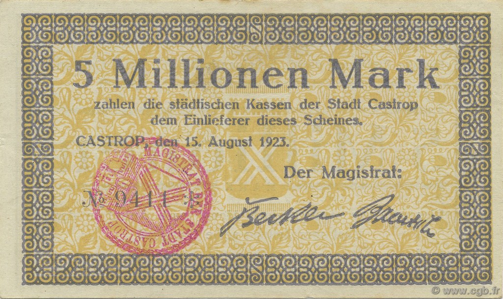 5 Millions Mark DEUTSCHLAND Castrop 1923  fST