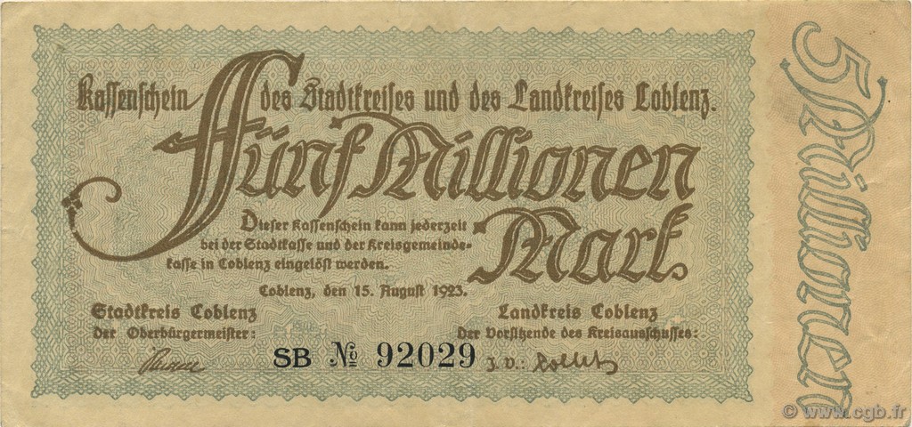 5 Millions Mark GERMANIA Coblenz 1923  SPL