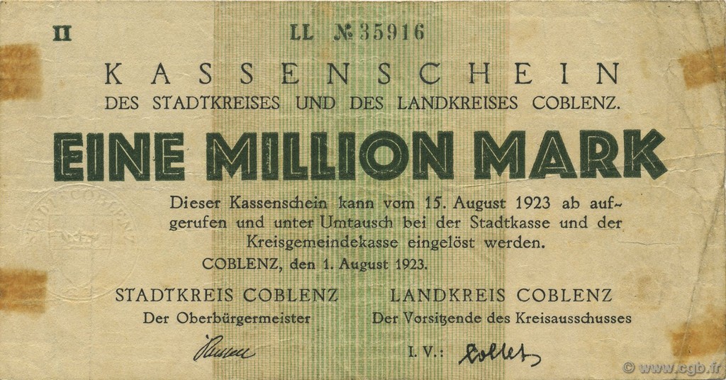 1 Million Mark GERMANY Coblenz 1923  F+