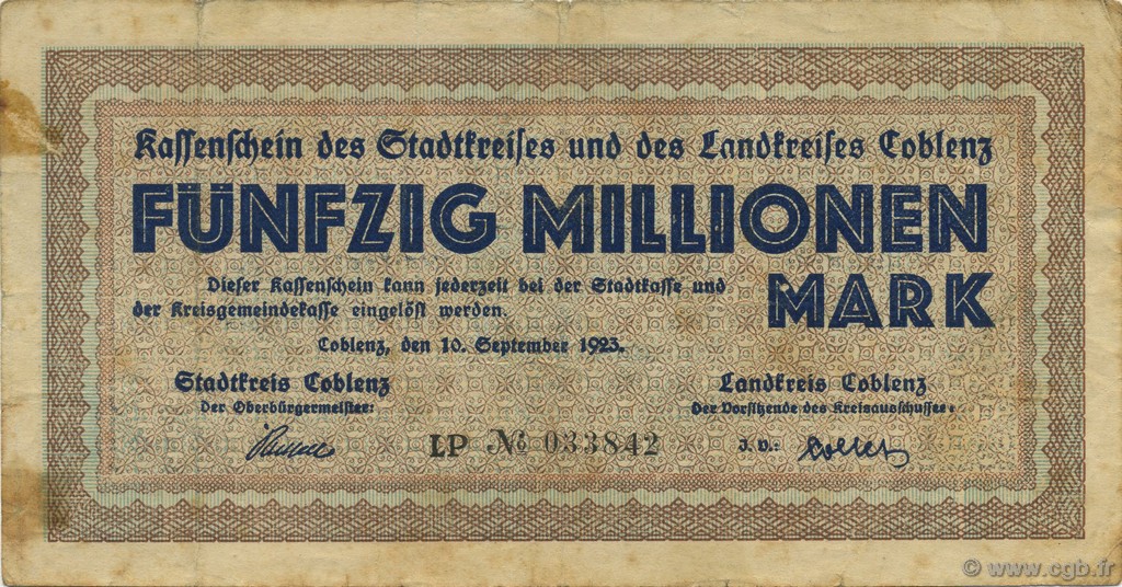 50 Millions Mark DEUTSCHLAND Coblenz 1923  fSS