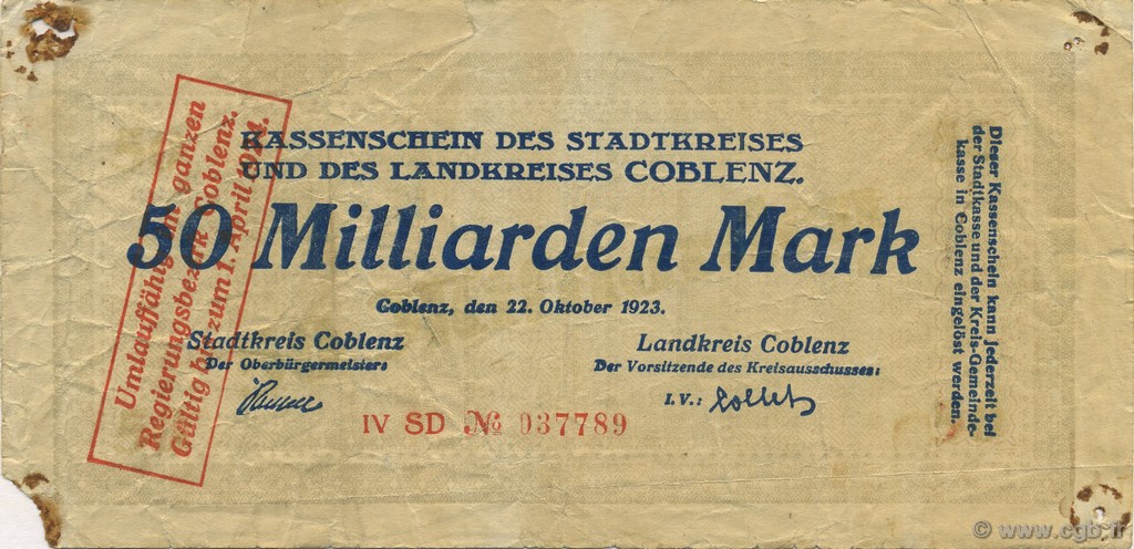 50 Milliards Mark DEUTSCHLAND Coblenz 1923  S