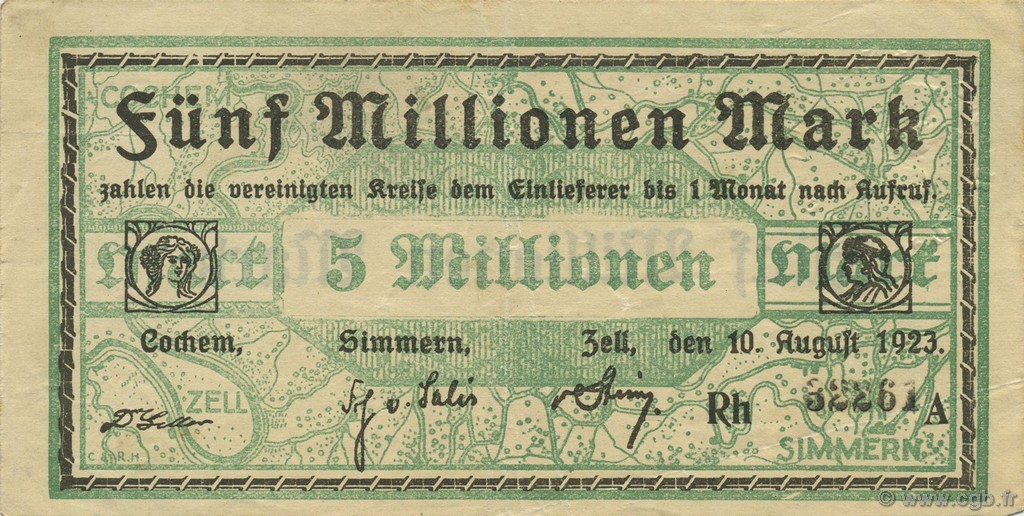5 Millions Mark ALLEMAGNE Cochem-Simmern-Zell 1923  TTB