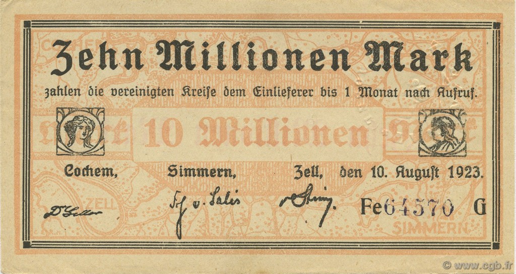 10 Millions Mark GERMANY Cochem-Simmern-Zell 1923  AU