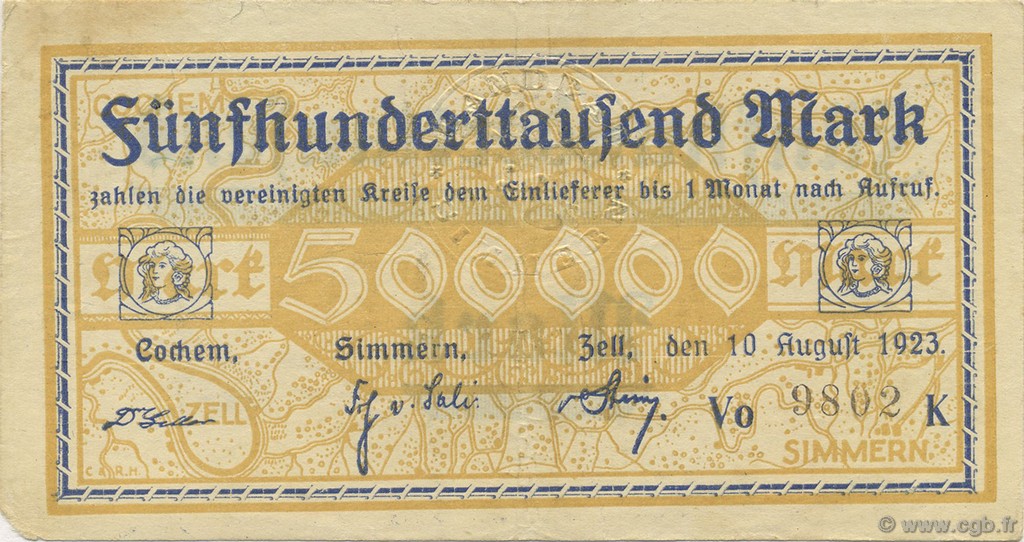 500000 Mark GERMANIA Cochem-Simmern-Zell 1923  BB