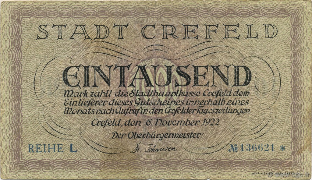 1000 Mark GERMANIA Crefeld 1922  q.BB