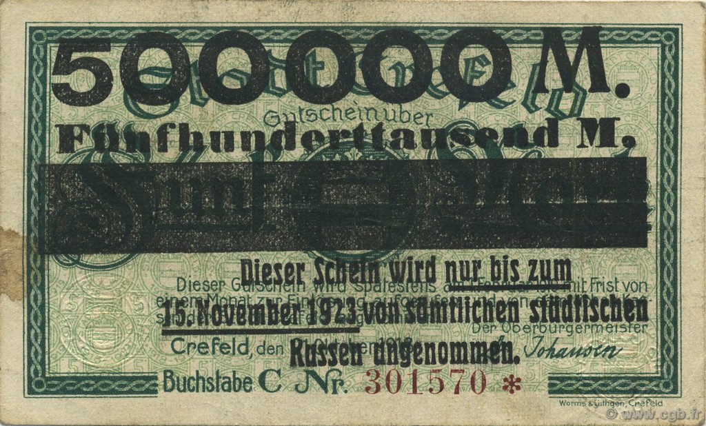 500000 Mark GERMANIA Crefeld 1923  q.SPL