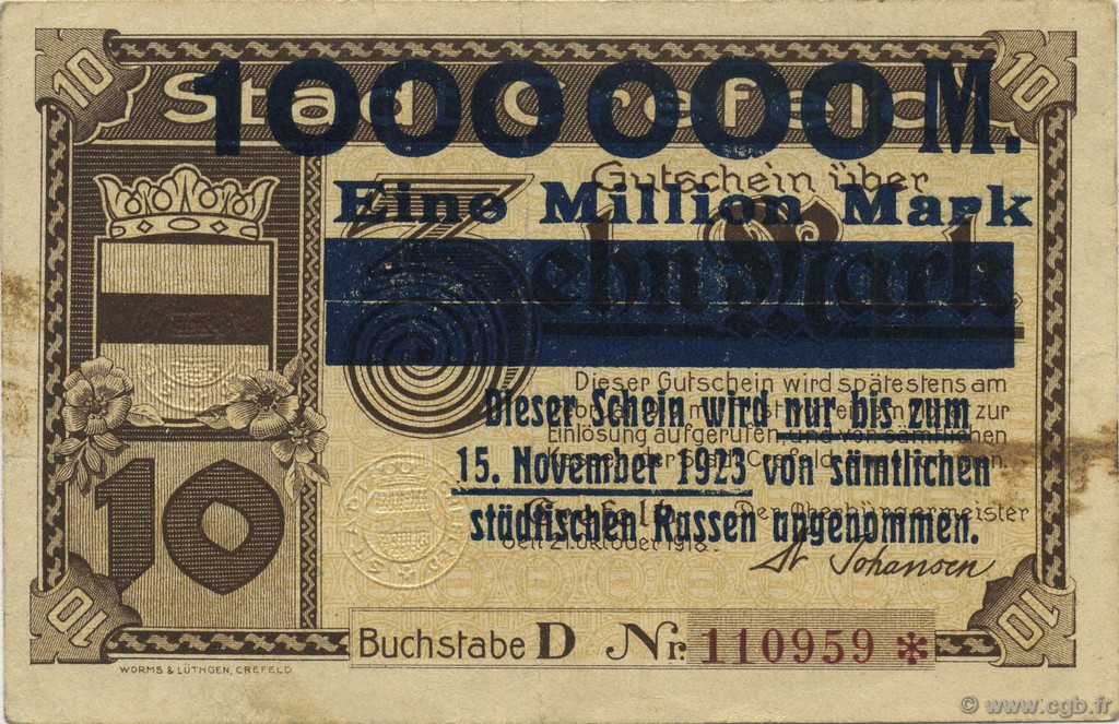 1 Million Mark DEUTSCHLAND Crefeld 1923  fVZ