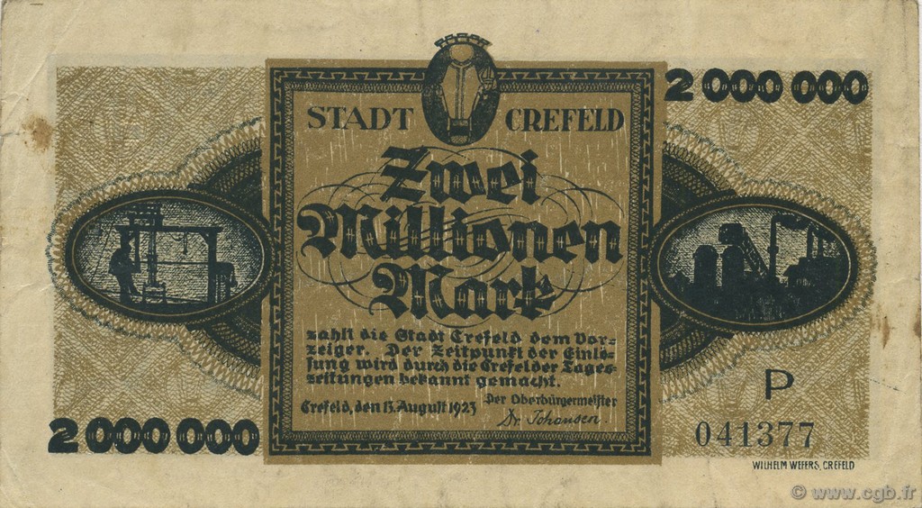 2 Millions Mark GERMANY Crefeld 1923  VF