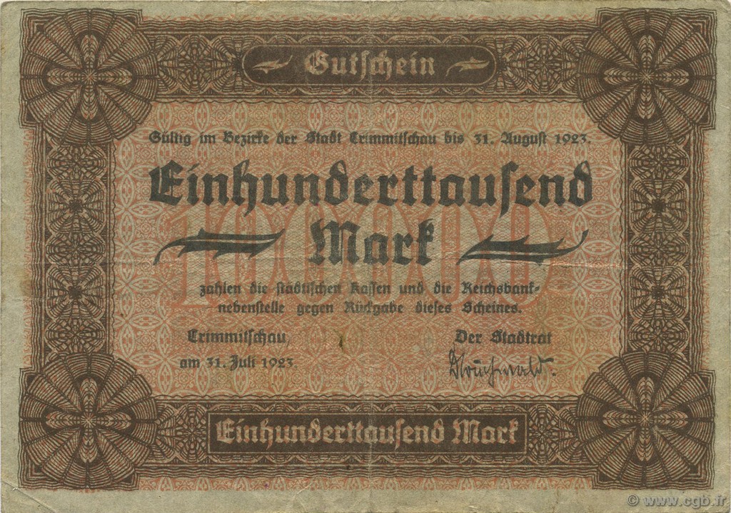 100000 Mark ALEMANIA Crimmitschau 1923  MBC