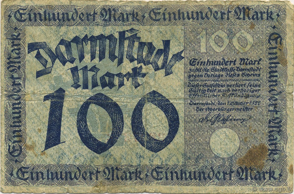 100 Mark GERMANY Darmstadt 1922  VG
