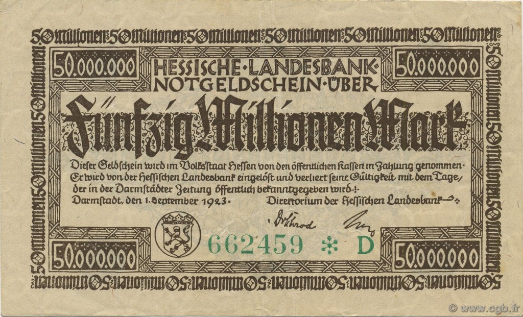 50 Millions Mark GERMANIA Darmstadt 1923  q.SPL