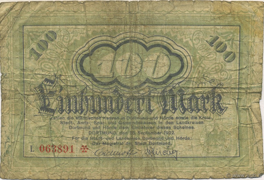 100 Mark GERMANY Dortmund 1922  G