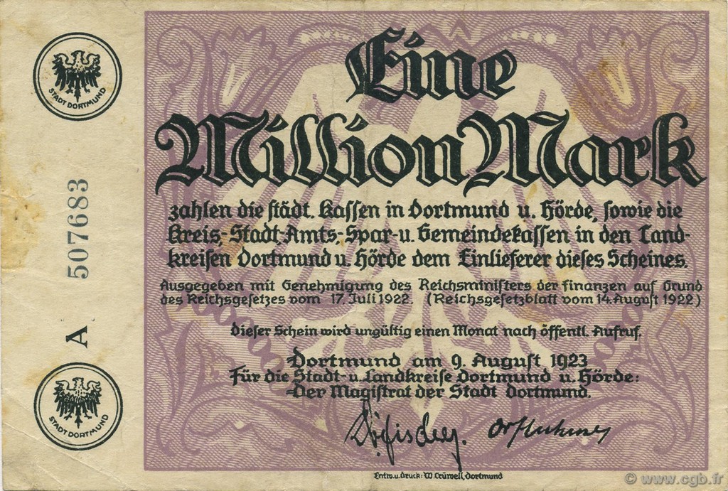 1 Million Mark ALLEMAGNE Dortmund 1923  TTB