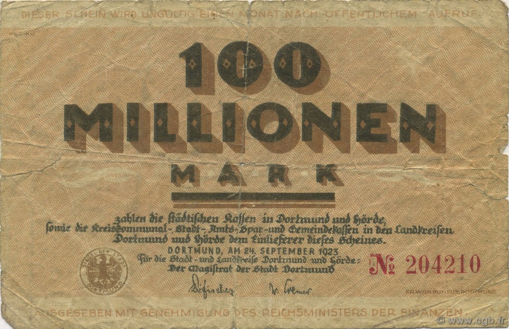100 Millions Mark GERMANY Dortmund 1923  VG