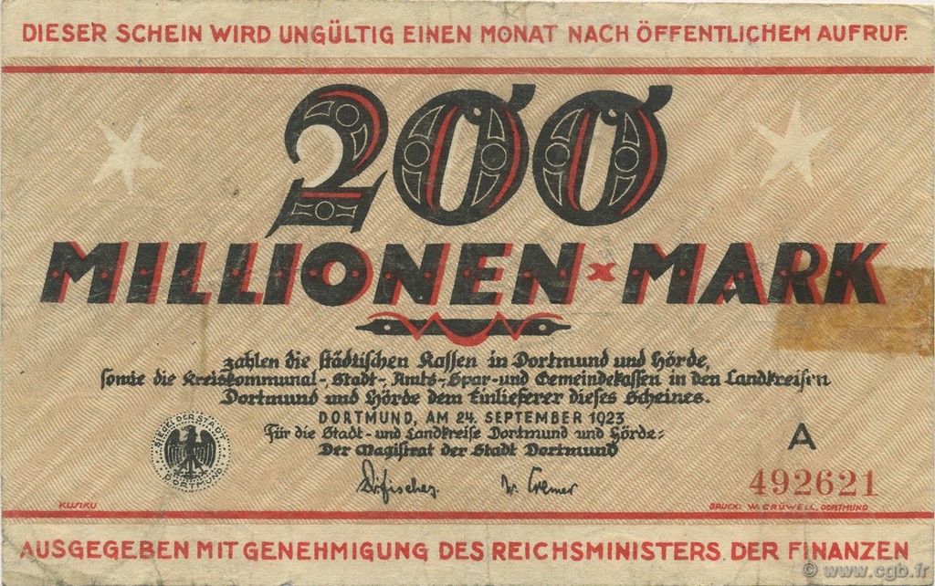 200 Millions Mark DEUTSCHLAND Dortmund 1923  S