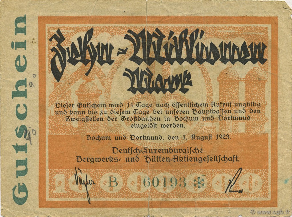 10 Millions Mark ALEMANIA Dortmund & Bochum 1923  BC+