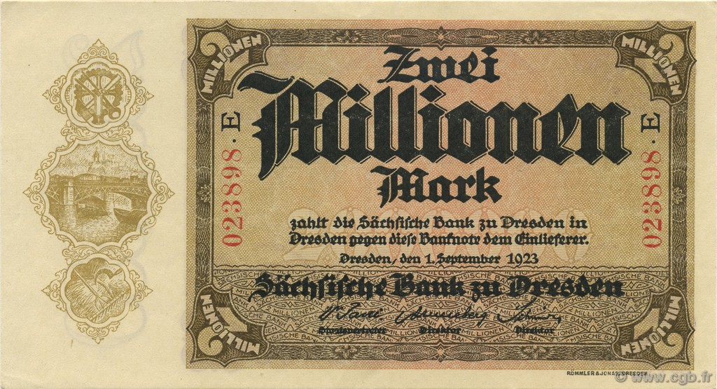 2 Millions Mark DEUTSCHLAND Dresden 1923 PS.0963 fST+