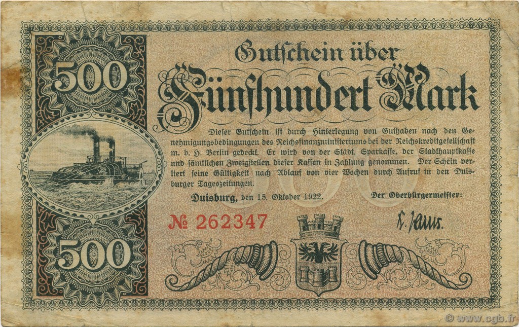 500 Mark GERMANY Duisburg 1922  F