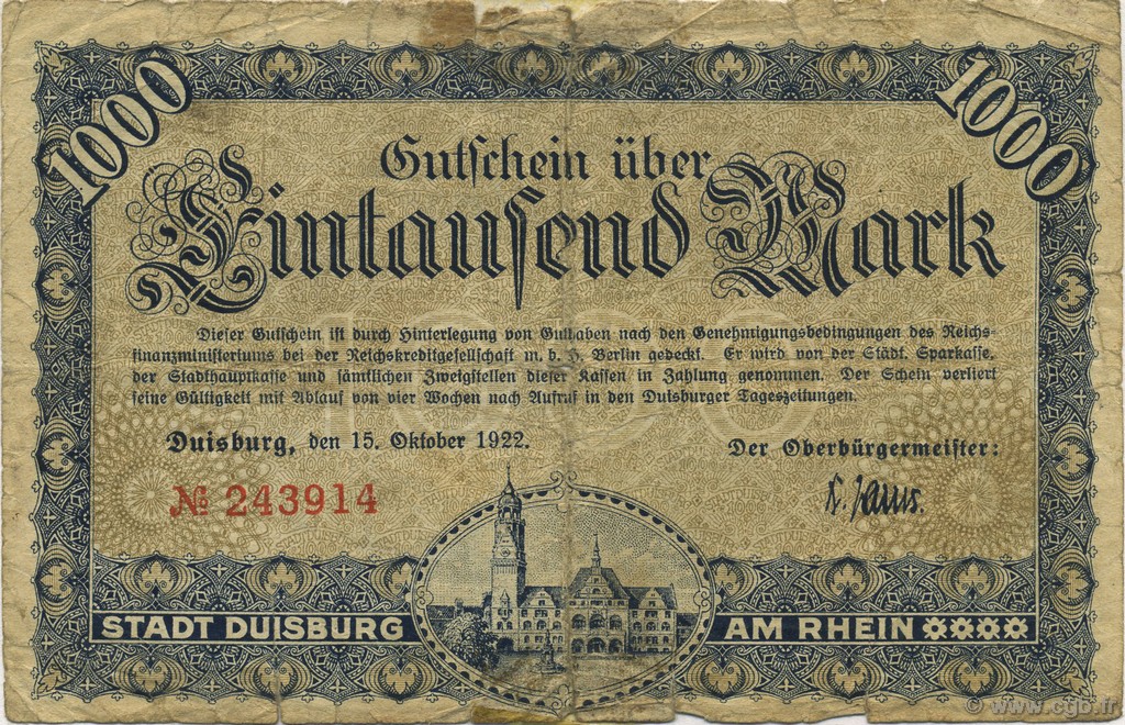 1000 Mark GERMANY Duisburg 1922  G