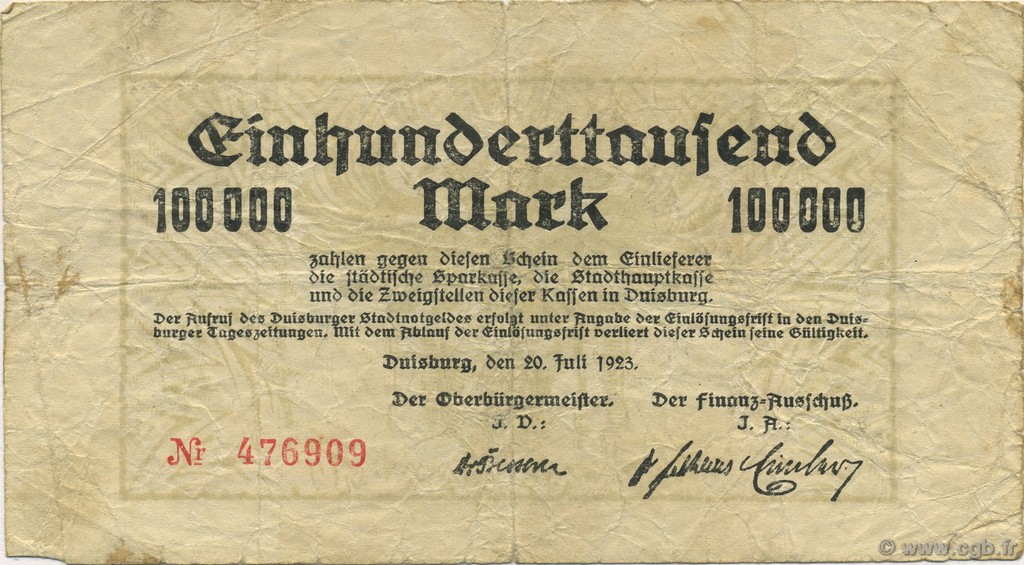 100000 Mark GERMANY Duisburg 1923  VG