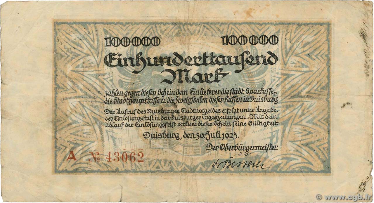 100000 Mark DEUTSCHLAND Duisburg 1923  S