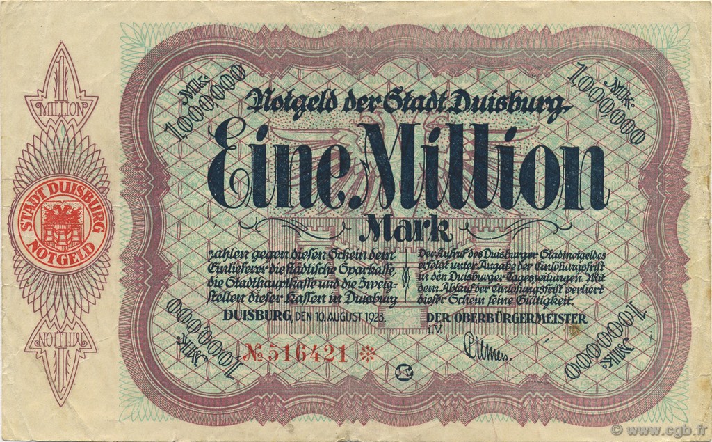 1 Million Mark ALEMANIA Duisburg 1923  MBC