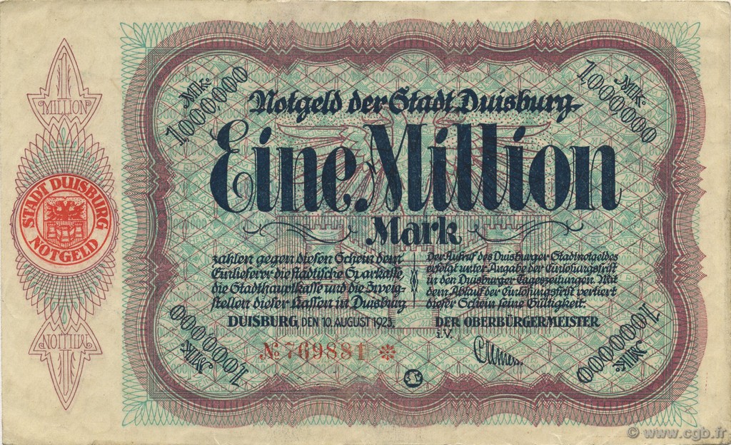 1 Million Mark GERMANY Duisburg 1923  XF