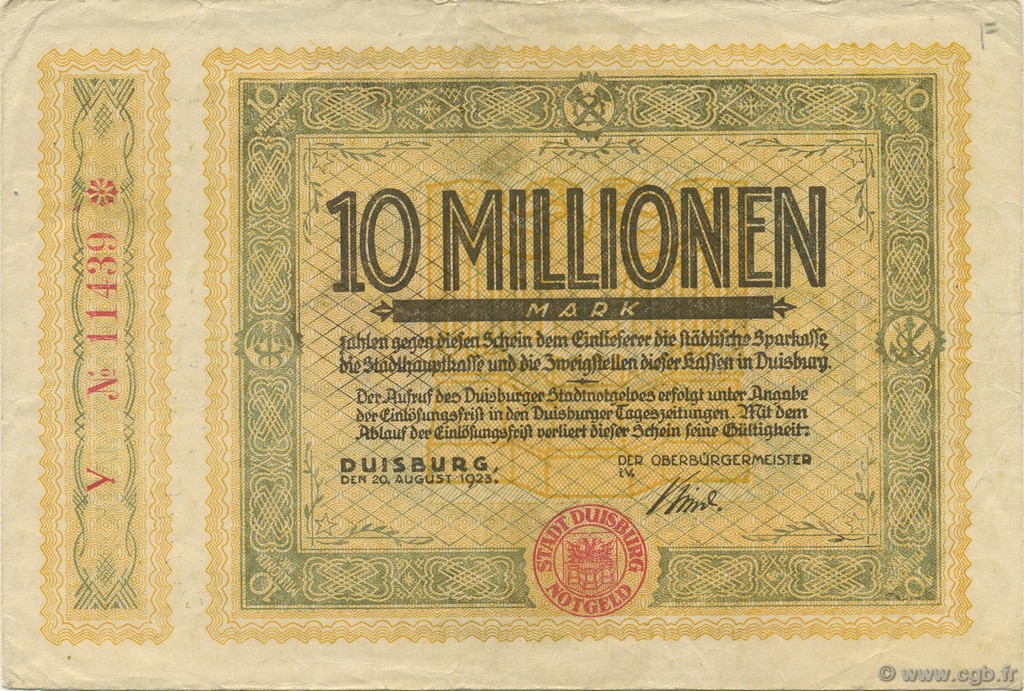 10 Millions Mark GERMANY Duisburg 1923  VF