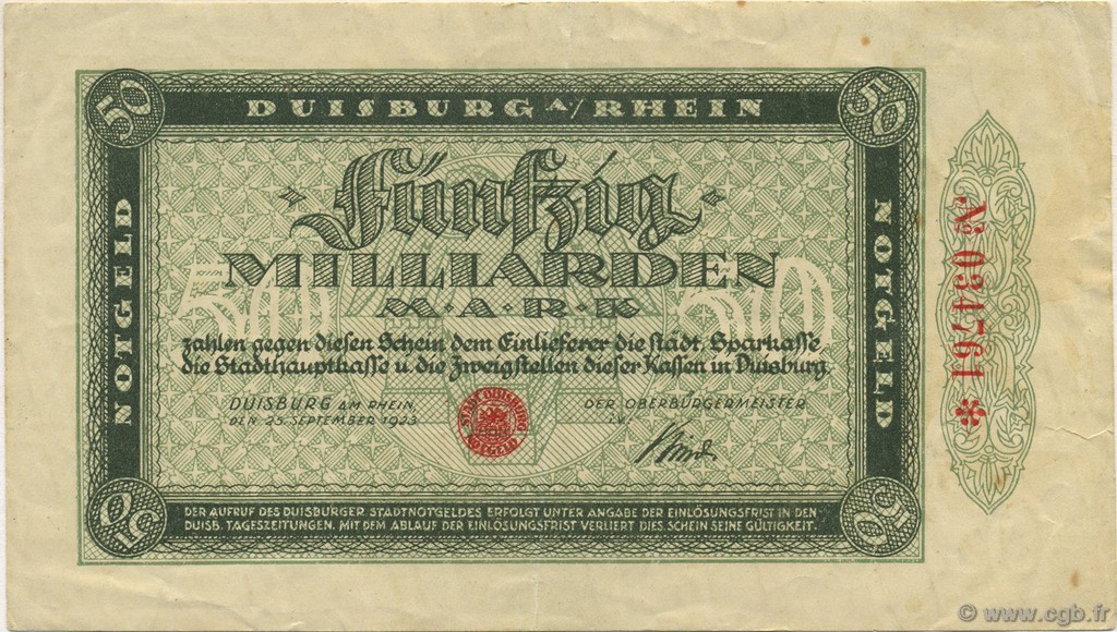 50 Milliards Mark GERMANY Duisburg 1923  VF+