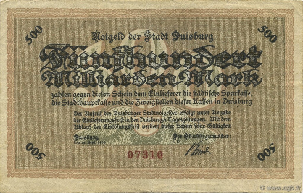 50 Milliards Mark GERMANY Duisburg 1923  VF