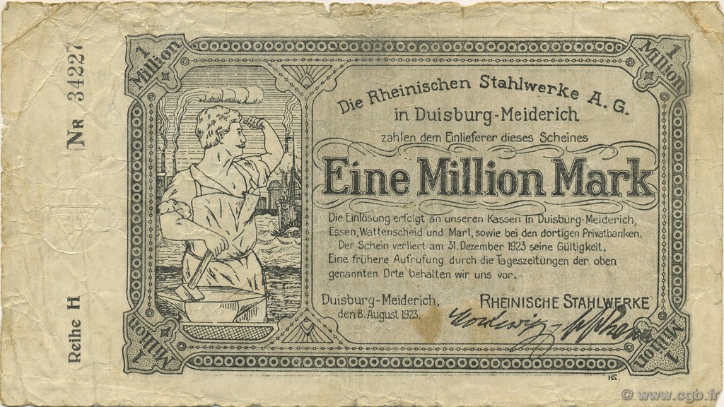 1 Million Mark DEUTSCHLAND Duisburg-Meiderich 1923  fS
