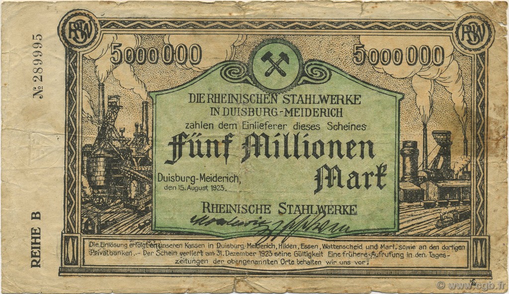 5 Millions Mark GERMANIA Duisburg-Meiderich 1923  B